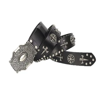 

Cool Skull Rivet Studded Belts Men Women Genuine Leather Waist Strap Punk Rocky Motorcycle Belts Paisley Embossing Buckle Unisex