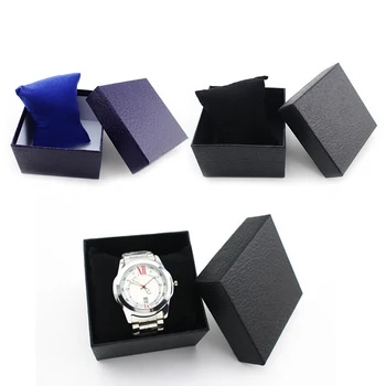 

New PU Leather Watch Gift Boxes Black/Blue Paper Watch Packing Boxes With Pillows Inside Without Watch 1pc