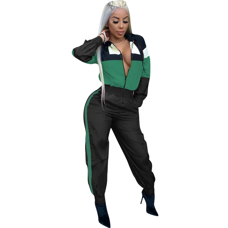 

Sexy Patchwork Tracksuit Rompers Women Hooded Jumpsuit Long Sleeve Pockets Zipper Striped Print Slim Overalls Combinaison Femme