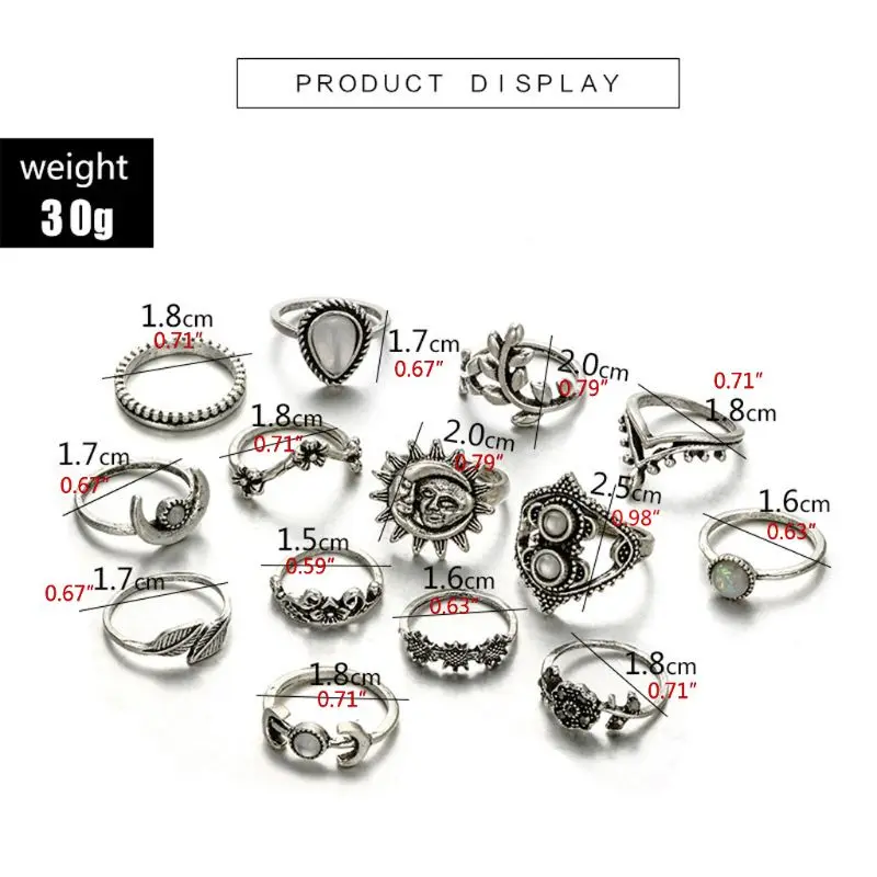 Vintage Silver Moon Star Flower Leaves Crystals Ring Band Midi Finger Ring Set 14PCS ring set finger ring silver ring jewelry accessories