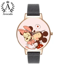Новые кожаные любовь с Микки Маусом и Минни Маус комплект Для женщин часы кварцевые наручные часы подарок детям Повседневное модные авокадо