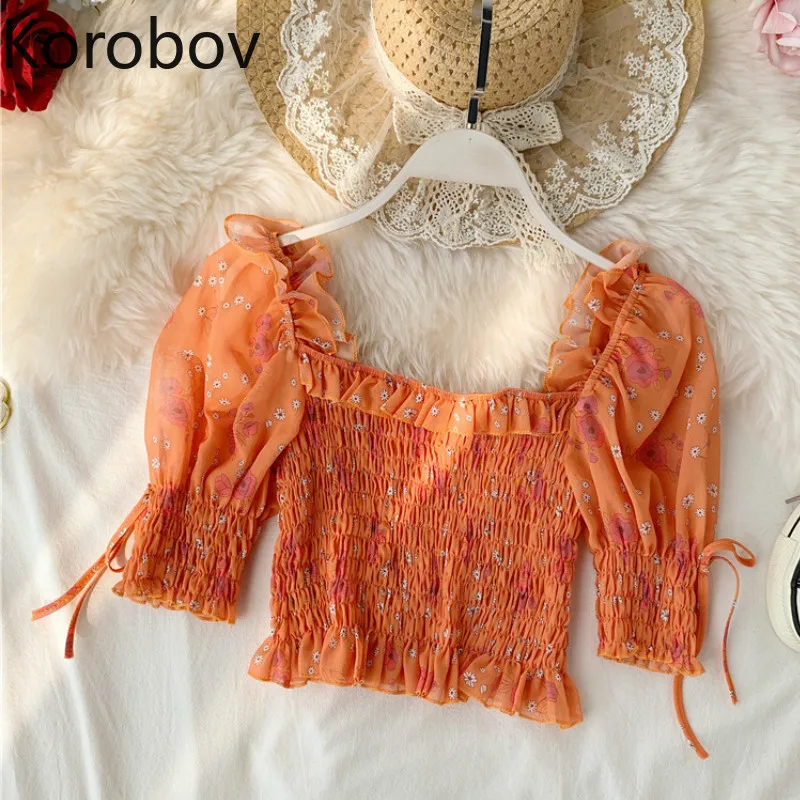 

Korobov Korean Print Wrinkle Stretch Short Women Chiffon Blouse Elegant Lacing Bow Peter Pan Collar Shirt Crop Top 79105
