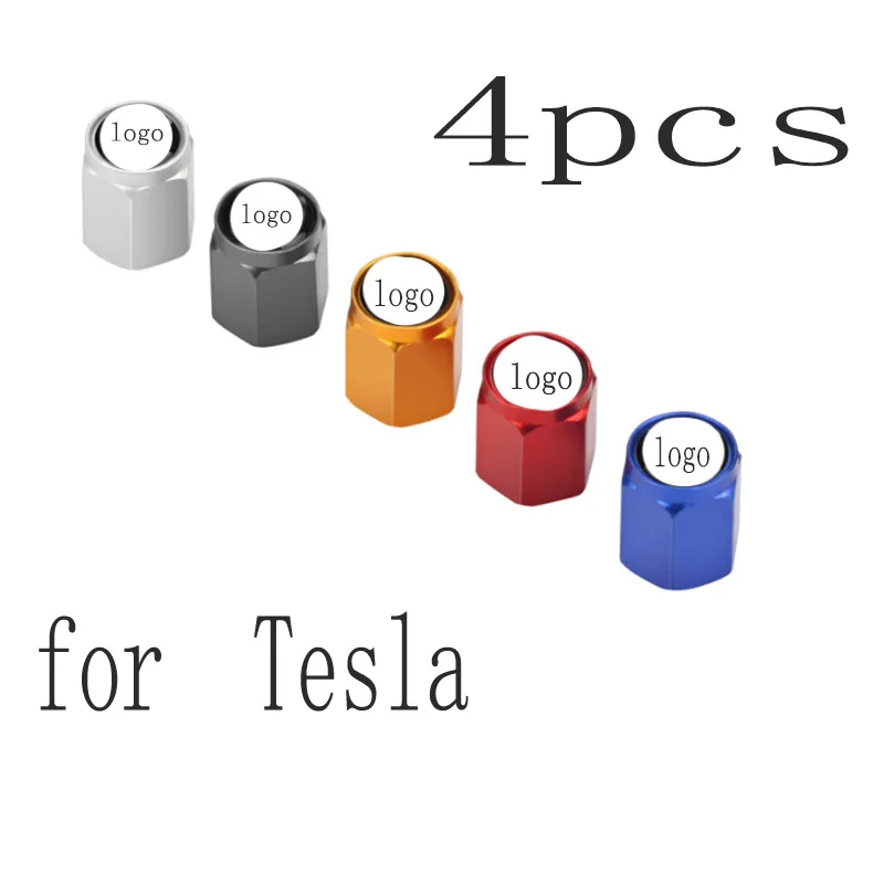 

4pcs car logo Air cap for Tesla Metal hexagonal valve cover Car wheels valve dust cap in five colors
