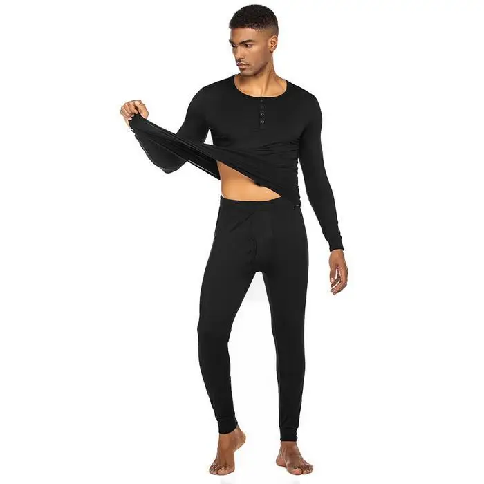 Ekouaer Men Nightwear Pajamas O-Neck Long Sleeve Solid Pullover Button Tops Full Length Pants Pajama Set Autumn Winter Sleepwear