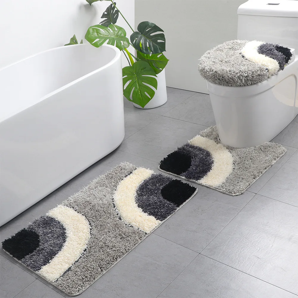 

1 Set Bathroom Mat For Toilet European Grid Printing Shower Room Carpet Door Mat Anti-Slip Household Lid Cover Floor Rug Sets