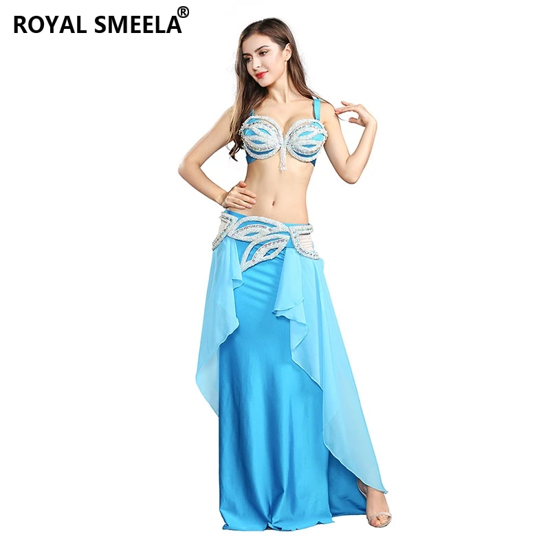 

ROYAL SMEELA Stage Performance Oriental Bellydance Costume Diamond Bra+Belt+Skirt Chiffon Spandex Belly Dancing Outfits 119088
