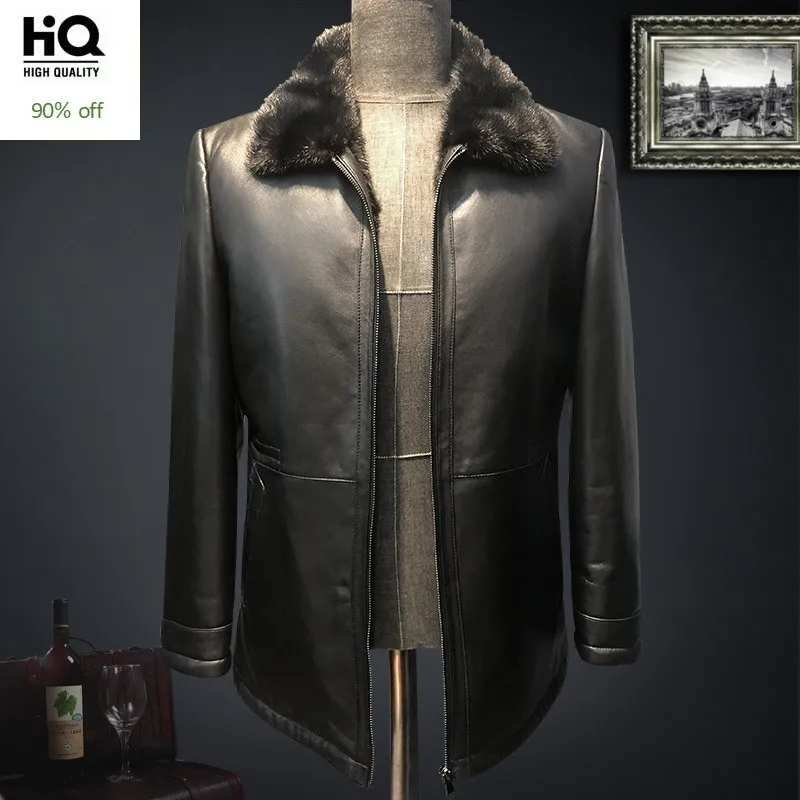 

Smart Casual Mens Genuine Leather Real Fur Linning Jackets Luxury Mink hair Collar Sheepskin Shearling Male Plus Size Warm Coats