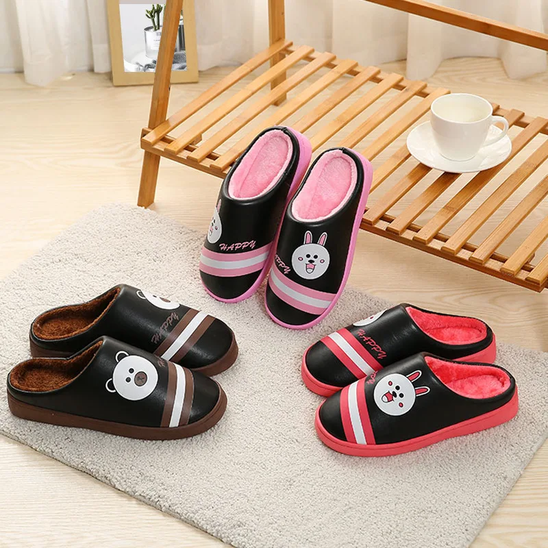 

Children Cotton Slippers Men And Women Winter New Style PU Surface Waterproof Warm Big Boy Anti-slip Cute Home Parent And Child