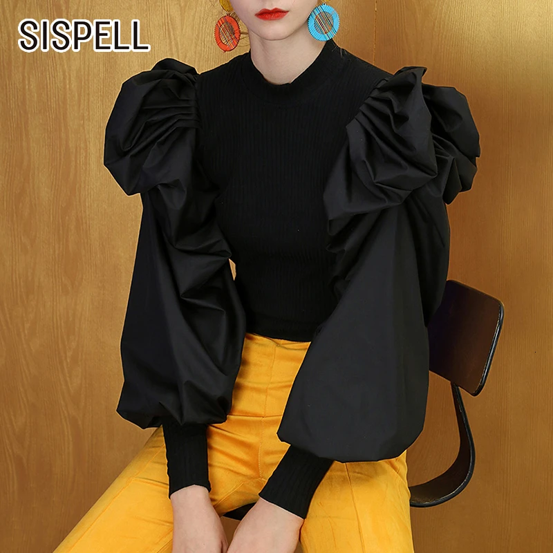 

SISPELL Patchwork Knitted Women's Sweater O Neck Puff Sleeve Ruched Pullover Casual Sweaters Female 2019 Autumn Fashion New
