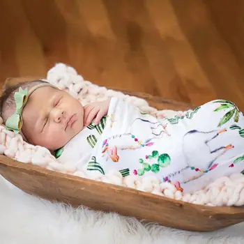 

2pcs/set Baby Soft Swaddle Infant Wrap Cute Alpaca Print Stroller Cover Muslin Bath Swaddling + Headband