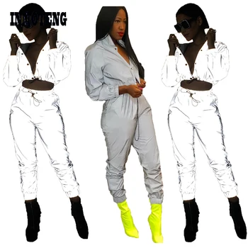 

Sexy Reflective Tracksuit Night Version Buttons Turn Down Collar Long Sleeve Crop Top Casual Pants Women Two Piece Sets