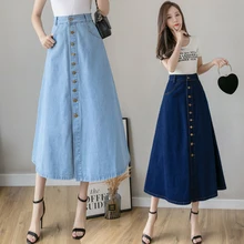

2021 New Spring Summer Women Denim Skirt Oversize Korean style A-line Solid Long skirts fashion High Waist female skirts