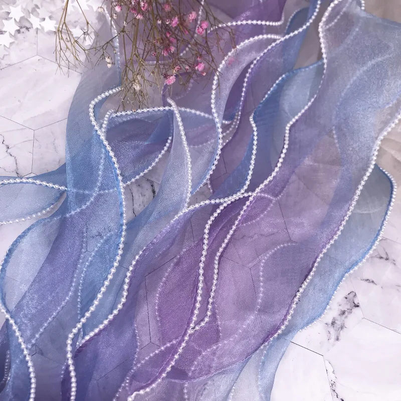 Pearl Overlaid Gradient Colorful Yarn Organza Ribbon for DIY Craft Gift Wrapping Hair Bowknot Sewing Materials 2yards 55mm