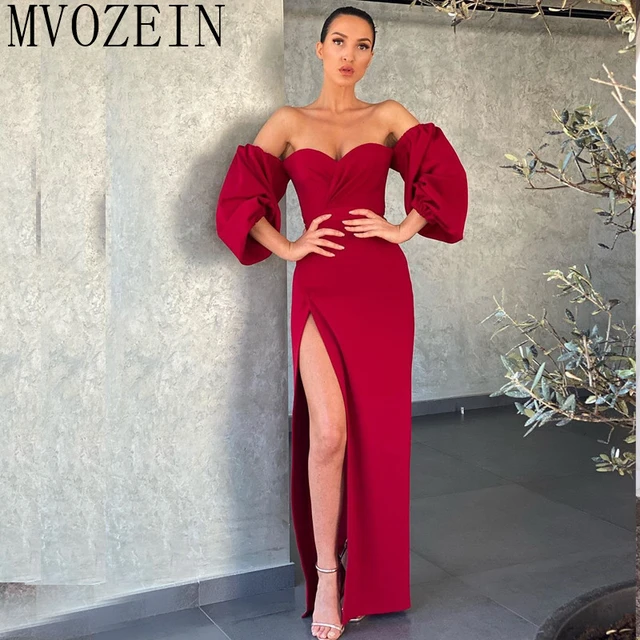 Red Evening Dress Long Satin Off The Shoulder Sleeves High Split Evening Dresses Floor Length Party Dress Vestidos - Dresses - AliExpress