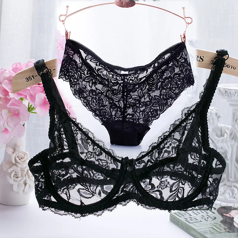 fashion Bra Set sexy ultra-thin transparent all-lace comfortable women underwear push up bra large size lingerie womens underwear sets