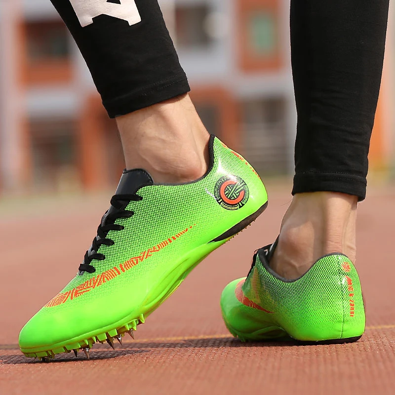 Мужские и женские спортивные кроссовки с шипами на шнуровке для подростков; спортивные кроссовки с шипами; цвет оранжевый, зеленый; мужские кроссовки для бега; спортивная обувь
