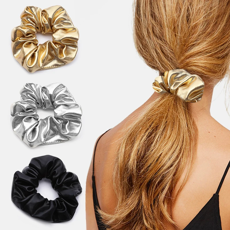 

Silver Gold Head Rope Fashion Scrunchie Faux Leather Elastic Hair Ring for Women Girl Ponytail Holder Hair Accessories