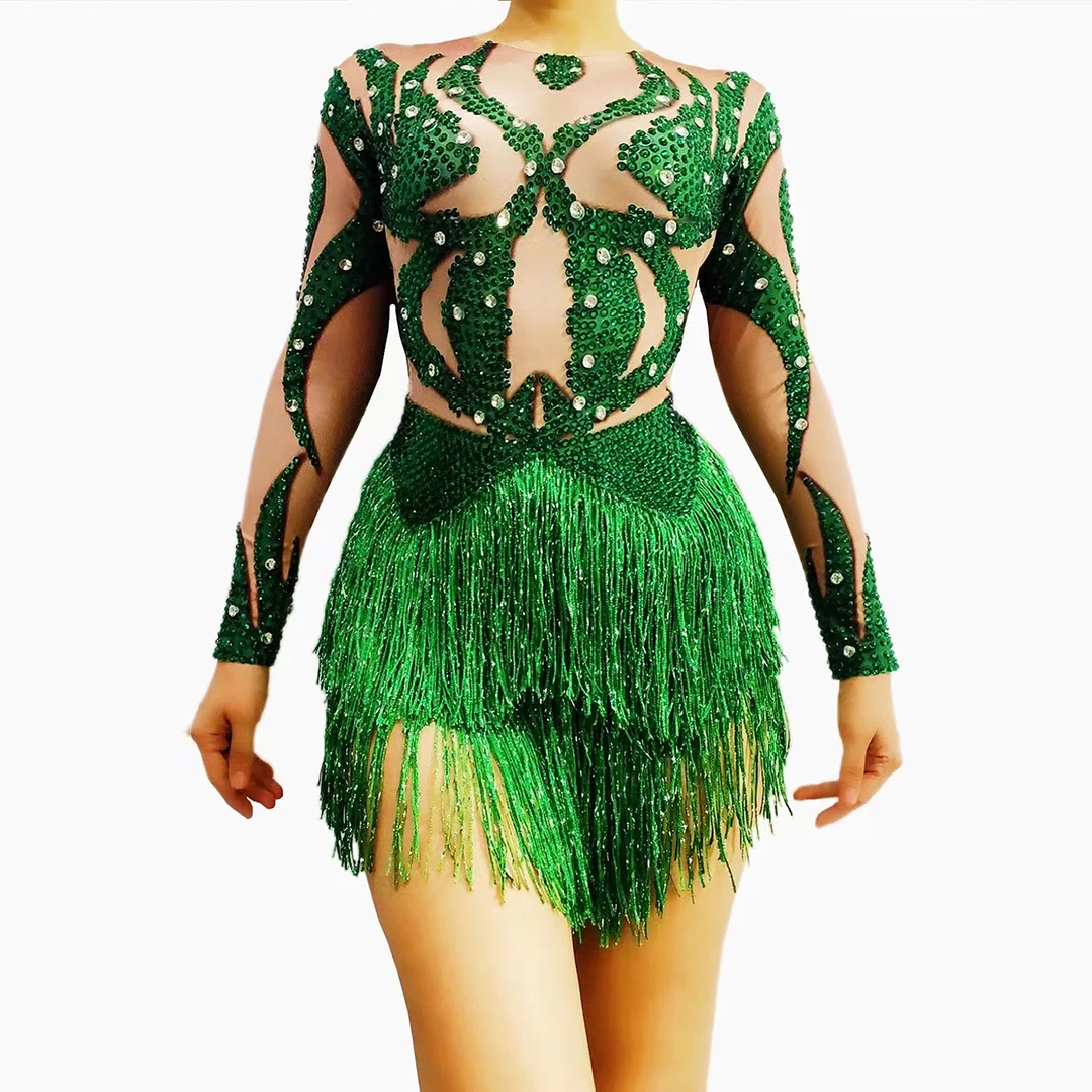 Sexy Crystal Fringes Leatard Sparkly Rhinestone Green Tassel Bodysuit