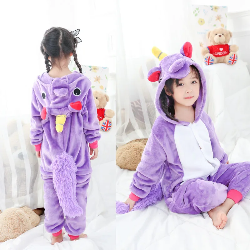 Фланелевая детская пижама с изображением животных; зимняя детская пижама с капюшоном и рисунком единорога для мальчиков и девочек; одежда для сна; комбинезоны