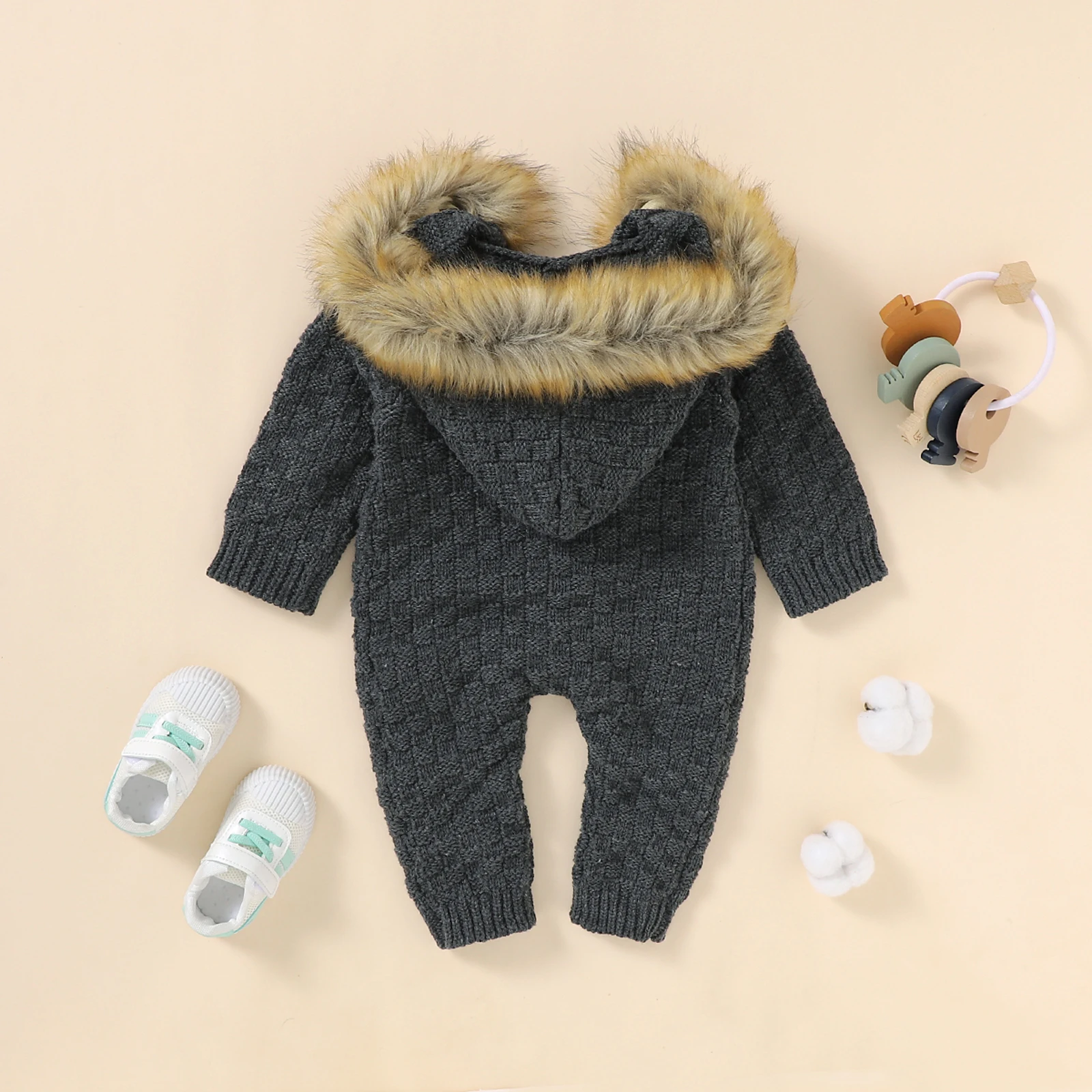 Baby Sweater Jumpsuits Winter Boys Girls Clothes Toddler Long Sleeve Single-breasted Knitted Furry Hooded Sweaters 0-24M