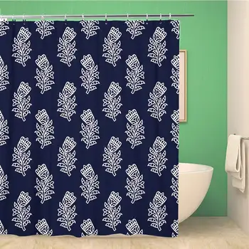 

Bathroom Shower Curtain Indigo Dye Woodblock Printed Ethnic Floral All Over Pattern 72x72 inches Waterproof Bath Curtain Set