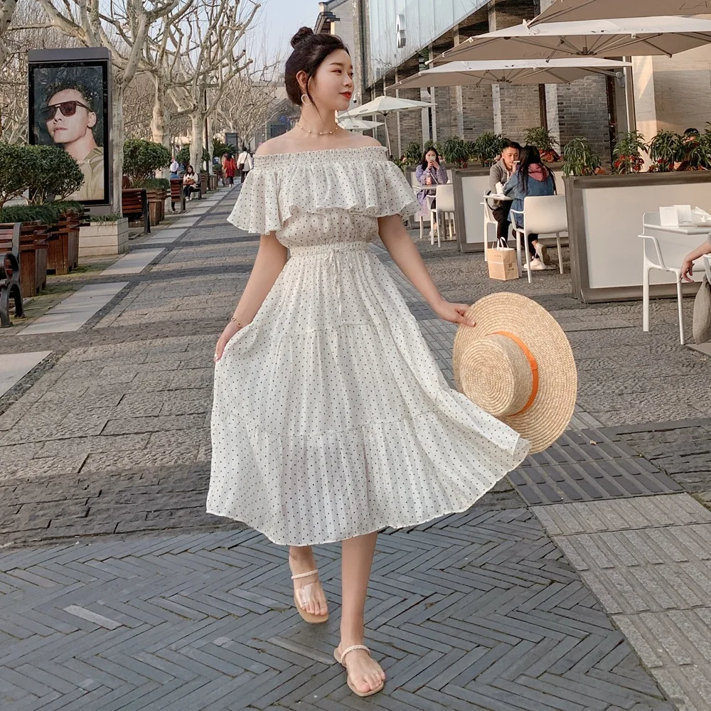 

Photo Shoot 2019 Summer New Style Korean-style Fashionable Fairy Skirt Retro Horizontal Neck Waist Hugging Chiffon Polka Dot Dre