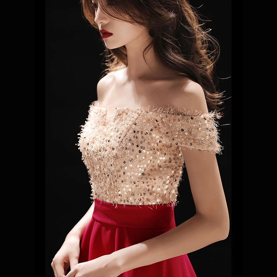 Вечерние платья с вырезом лодочкой Sequine Robe De Soiree с открытыми плечами элегантное торжественное платье E102 трапециевидное в пол вечернее платье