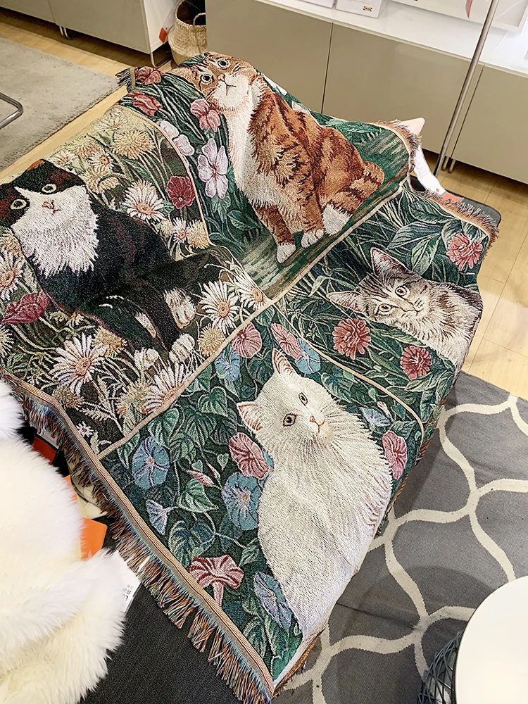 Cotton Cat Blankets Tapestry Sofa Deorative Cover Animal Carpet Bedroom Living Room Fabric Cute Cat Blankets Knitted Crafts