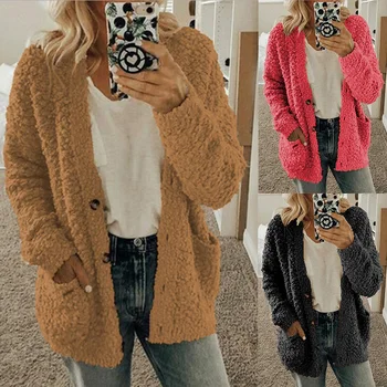 

Women Fashion Autumn Winter Casual Long Sleeve Button Solid Pocket Cardigan Tops Blouse Coat Oversize M-5XL