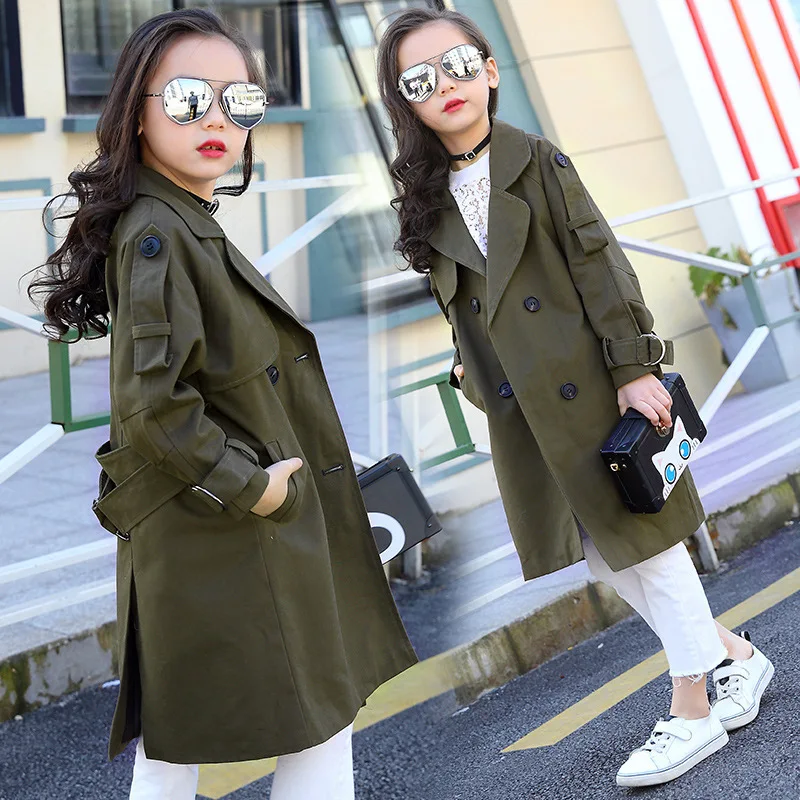 

Girls' Wind Coat 2019 Spring Middle And Large Girls Mid-length Korean-style Children Double Breasted Trench Coat