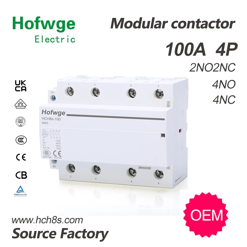 Contator Modular do Agregado Familiar Automático tipo do Trilho do Ruído Hch8s100 2p 4p 100a 4no 2no2nc 24v 110v 220v
