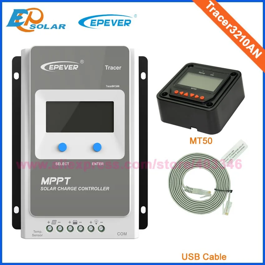 with Black MT50 Tracer3210AN 30A MPPT Солнечный Контроллер заряда 12 в 24 в ЖК-дисплей Diaplay солнечный регулятор с MT50 метр eBox-WIFI-01 BLE USB или датчик - Цвет: with Black MT50