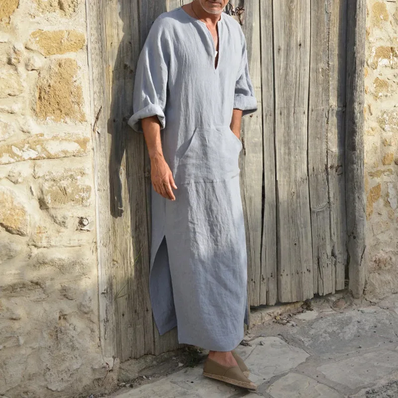Мужские льняные мягкие мусульманские халаты арабский абайя Дубай ислам ic платье одежда Кафтан jubba tobe Qamis Homme ислам традиционные костюмы - Цвет: Gray blue