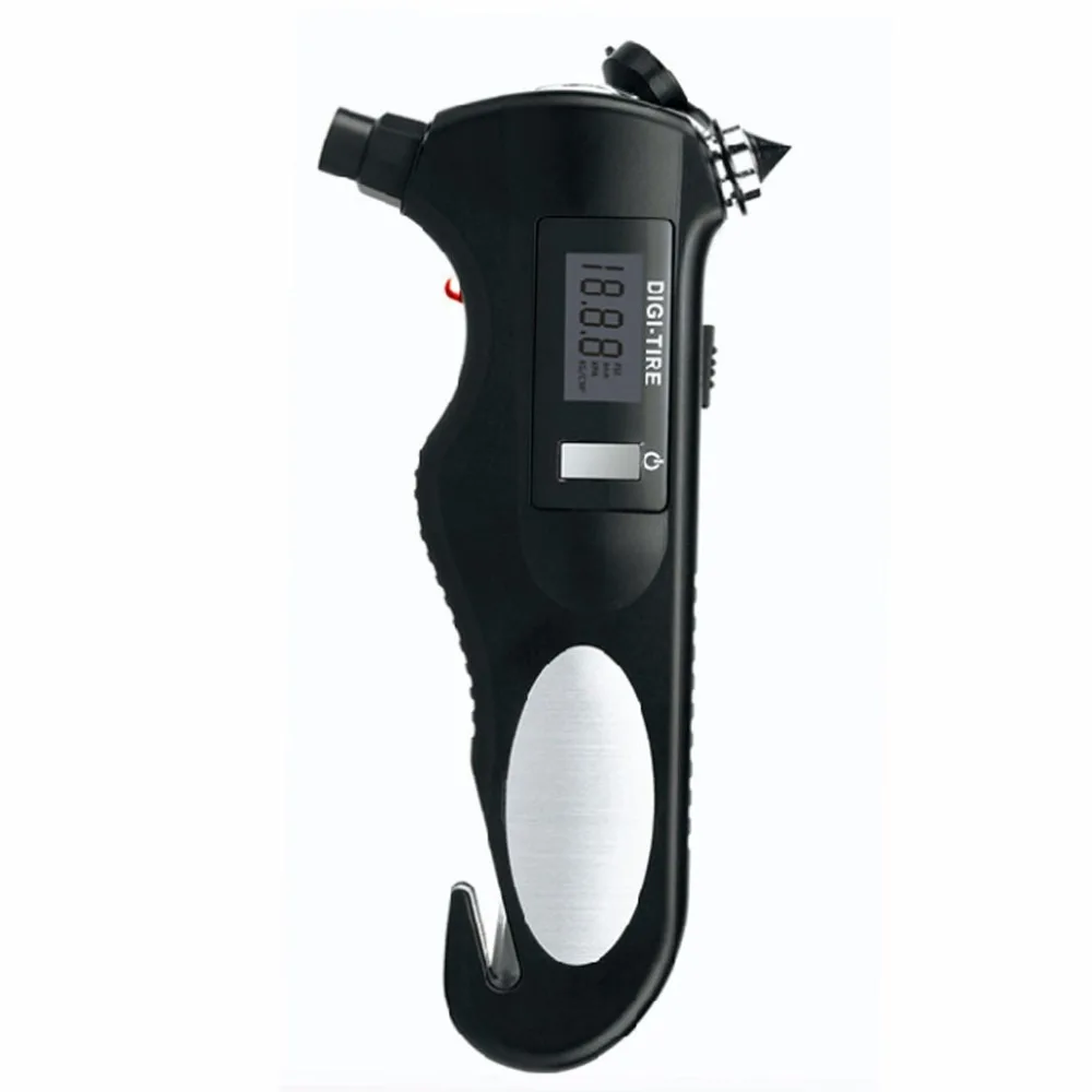 4 in 1 Digital Tire Pressure Gauge with LED Flashlight Safety Glass Hammer Seatbelt Cutter Tool for Car Truck