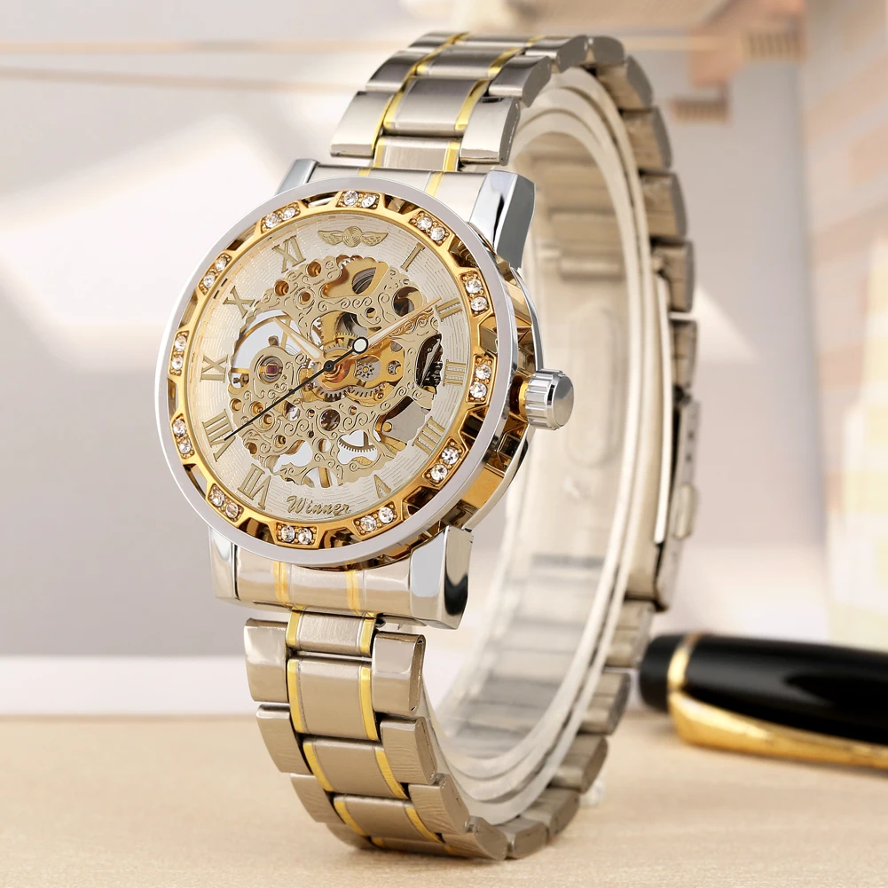 New Arrival Hand-Winding Mechanical Watch for Men Hollow Out Dial Diamonds Watches Gold Case Gift Male horloges mannen