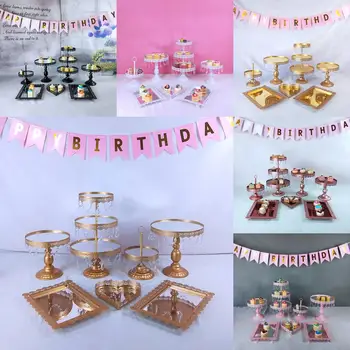 

7pc mirror Gold white Cake Stand Set Round Metal Crystal Cupcake Stands Dessert Display Pedestal Wedding Party Display