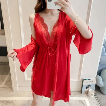 

Lace Camisole Night Skirt Robe Set Imitation Spring Summer New Pattern Sexy Eyelashes Silk High Temptation Home Sleepwear