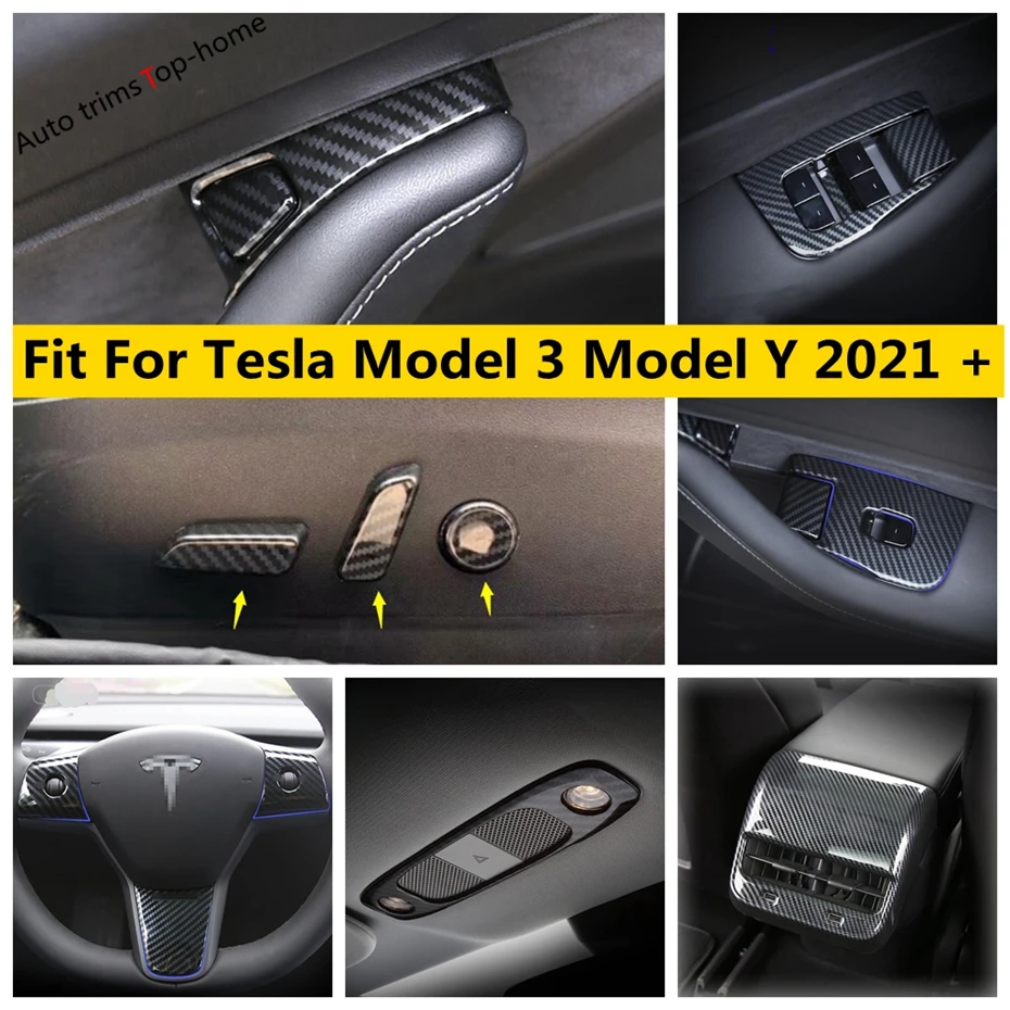 

Seat Adjust Panel AC Door Lock Steering Wheel Read Light Cover Trim Carbon Fiber Accessories For Tesla Model 3 Model Y 2021 2022