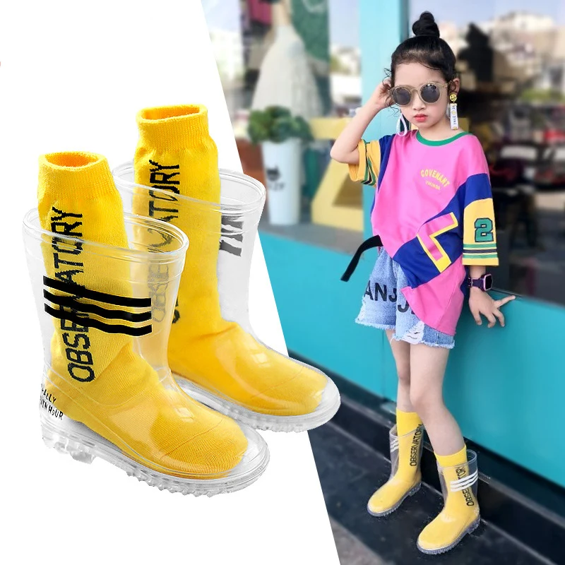 

Kids Boys Girls Rain boots rubber for children Transparent Waterproof Students Child Baby Toddler Rain Boots Non-slip with socks