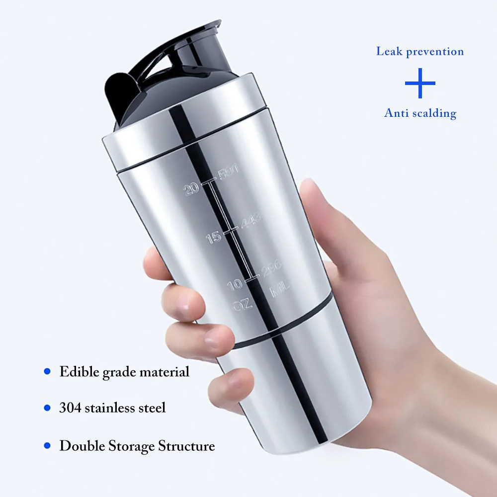 Kaufen Hohe Qualität Protein Pulver Shaker Flasche Edelstahl Shaker Sport Fitness Metall Wasser Flasche Thermische Tasse Protein Mixer