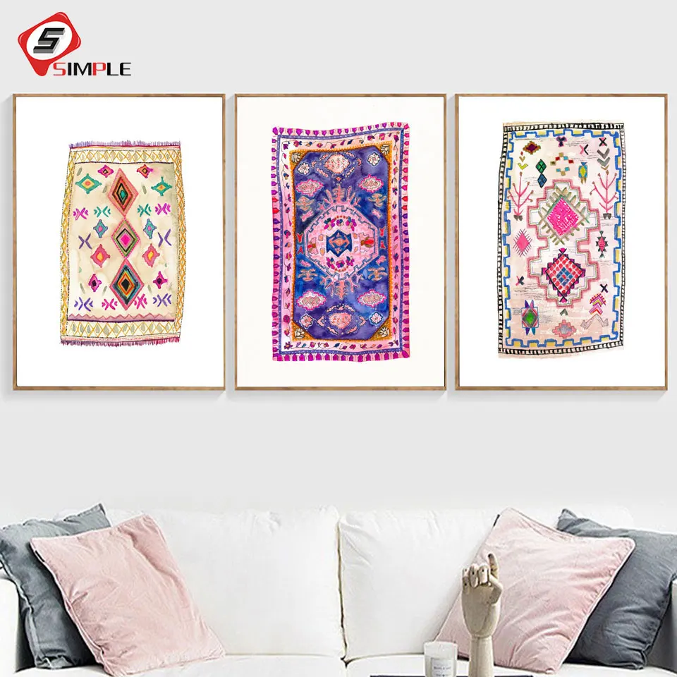 Vintage Rosa Alfombra Arte Impresiones Boho Decoracion De La Pared