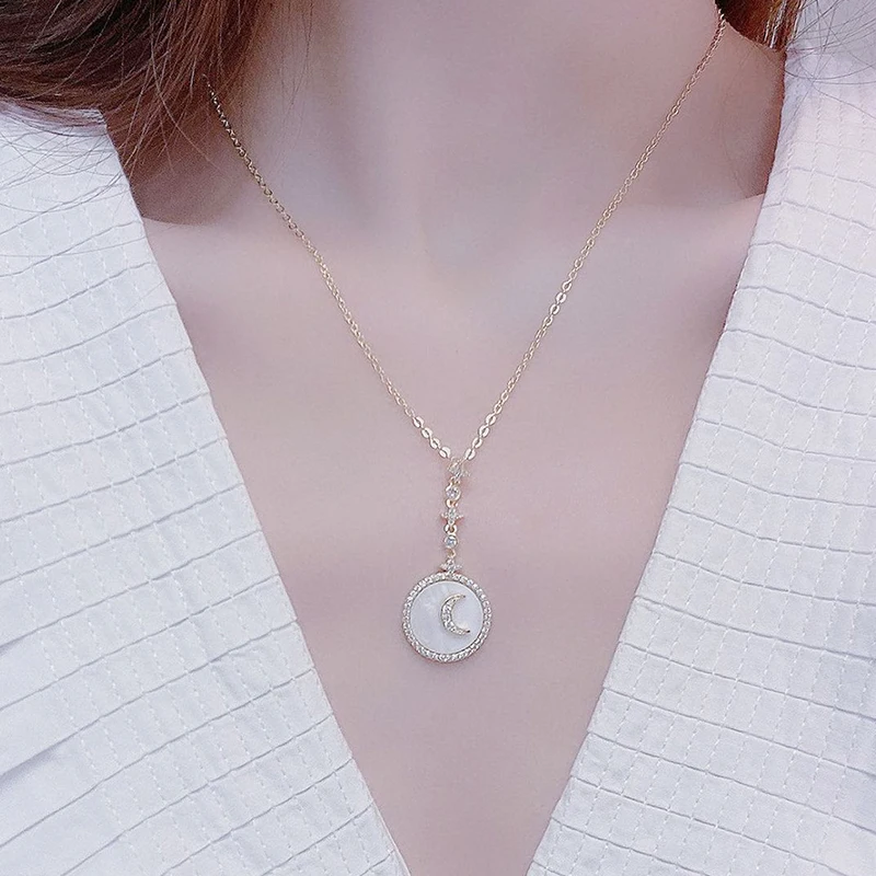 Korean Simple EXquisite Moon Micro Inlaid CZ Necklace for Women Temperament Shell Clavical Chain Kolye Anniversary Jewelry Gift - Image 2