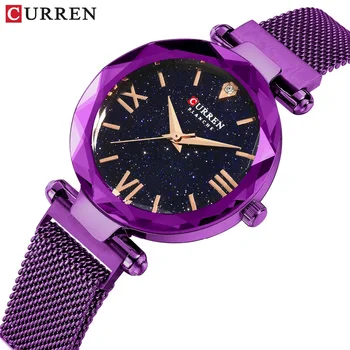 

NEW CURREN Luxury Women Watches Mesh Ladies Clock Magnet Buckle Starry Diamond Geometric Surface Casual Dress Quartz Wristwatch