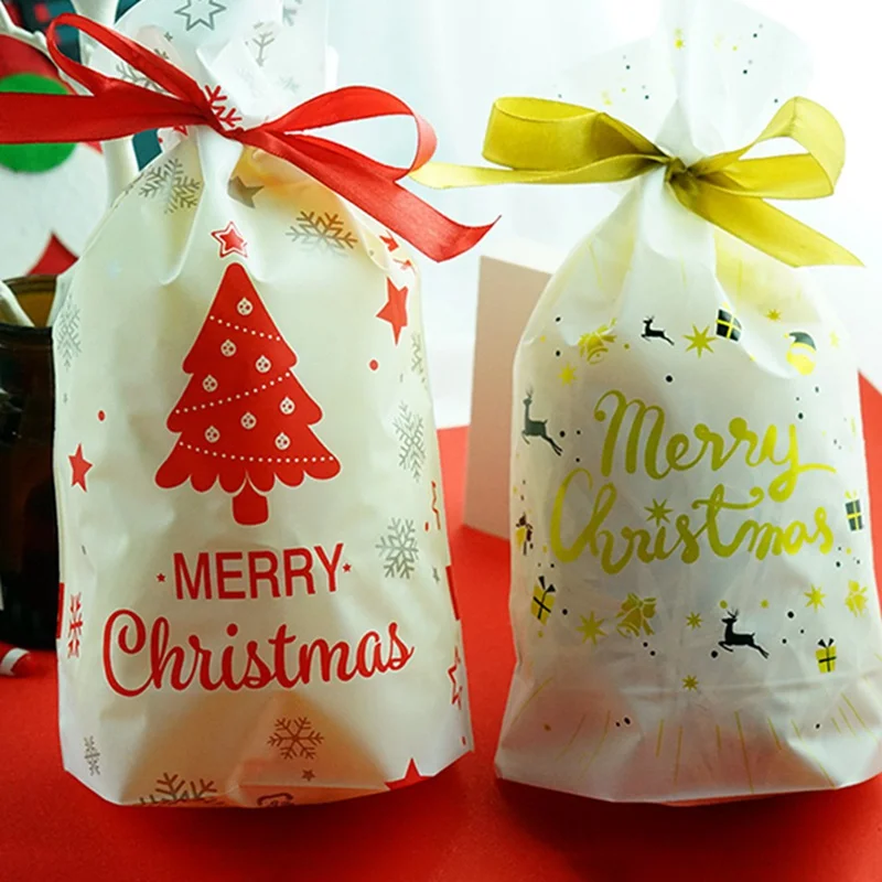 50pcs Merry Christmas Gift Bags Santa Claus Xmas Tree Packing Bags Happy New Year Christmas Candy Bags Navidad