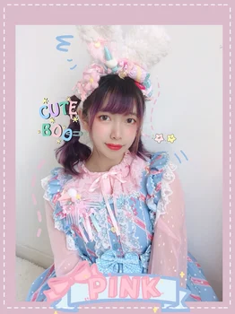 

Ice cream Pink Blue Plush Rabbit Ears KC Candy Bowknot Lolita Headband Maid Cosplay Handmade Sweet Princess Dress Headwear Props