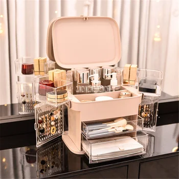 

Multi-Layer Cosmetic Storage Box Large Capacity Dressing Table Organizer Portable Transparent Cosmetic Case Makeup Tools Box