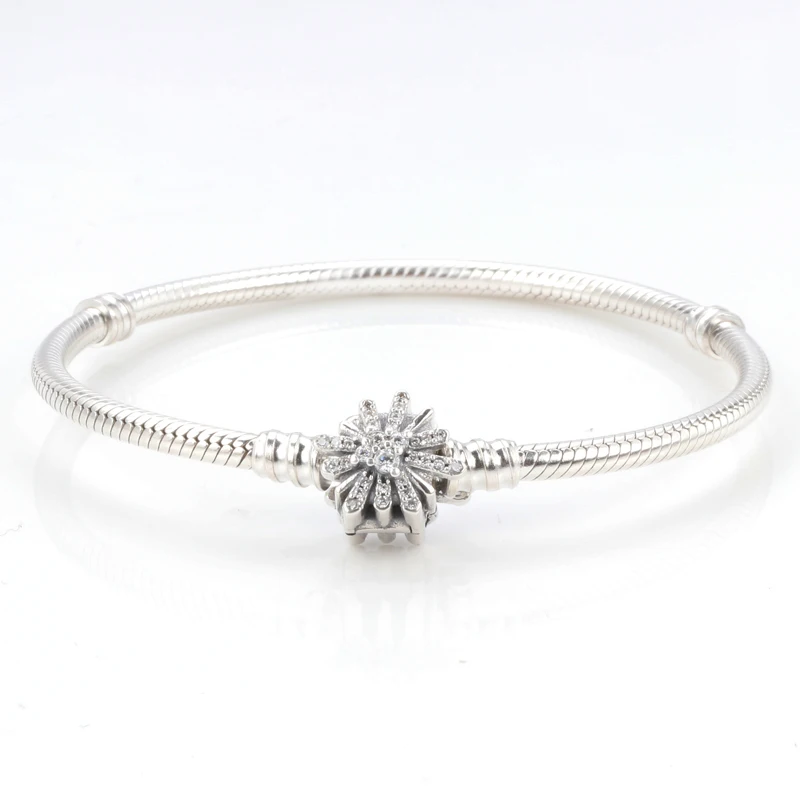 Подлинный 925 пробы серебряный браслет Сверкающая Звезда с кристальной застежкой змейка цепь браслет подходит бисера Шарм Diy ювелирные изделия