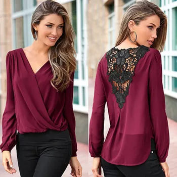 

Womens Shirts V-neck Long Sleeve Showing Back Lace stitching Shirt Burgundy Sexy Autumn Feminine Shirt 2019 New Arrival