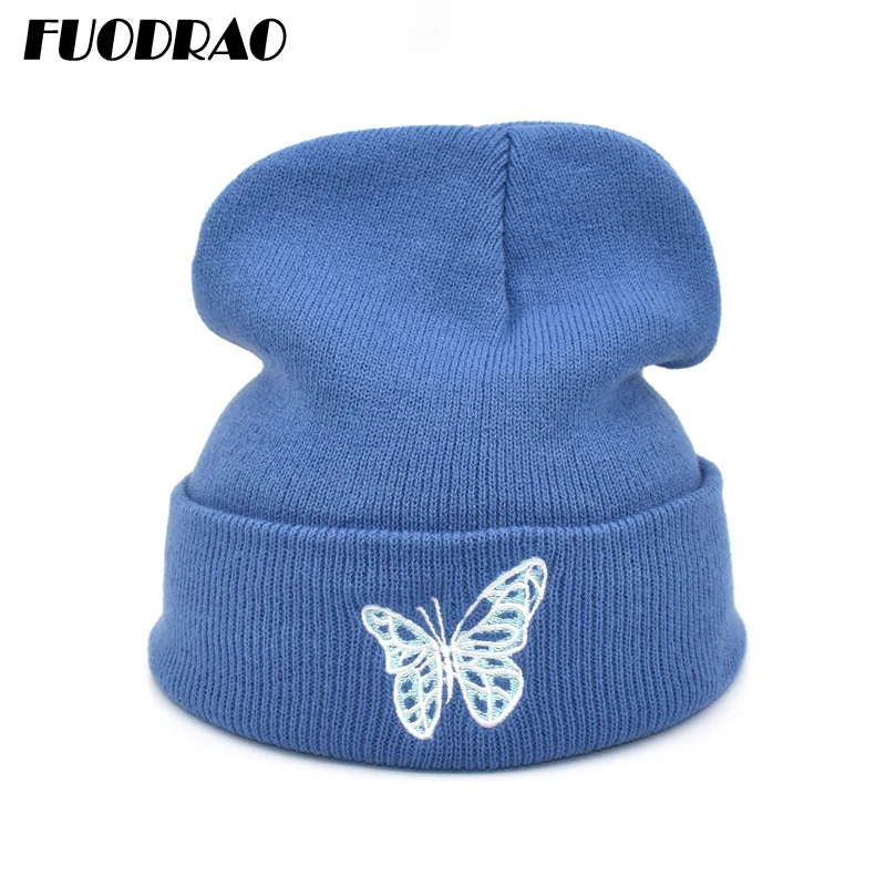 

FUODRAO New 2020 Winter Beanies Hat Women Butterfly Embroidery Elastic Knitted Cap Girls Warm Ski Hats Bonnet Men Z7