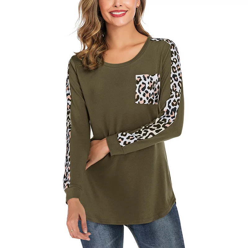 army green 1 С леопардовым принтом в стиле пэчворк с круглым вырезом футболка с длинным рукавом Осенне-зимняя Дамская обувь повседневные футболки пуловер Футболка женская одежда - Цвет: army green 1